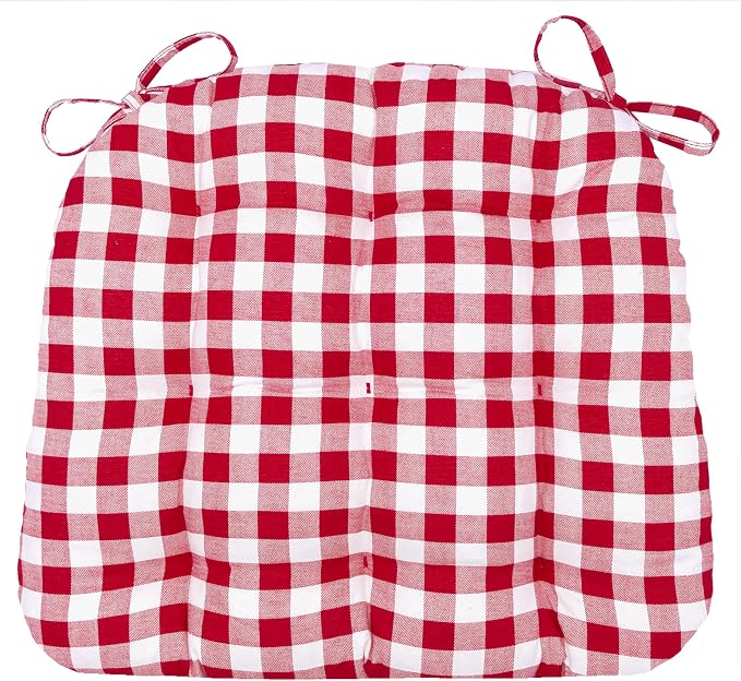 Barnett Home Decor Classic Check Red Dining Chair Pad with Ties - 15 x 17 Size Small Chair Cushion - Latex Foam Fill - Machine Washable, Reversible, 100% Cotton, Made in USA (Red White Plaid) by BarnettHomeDecor