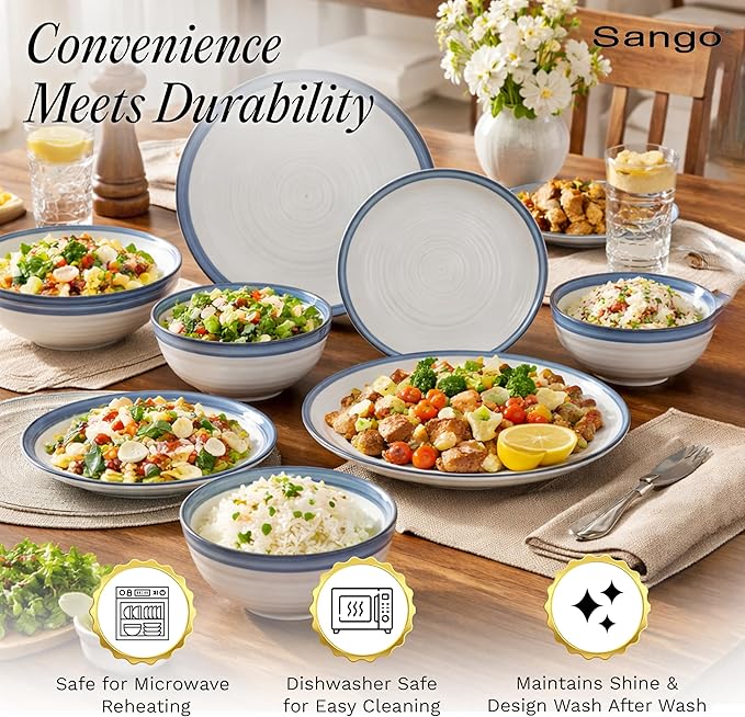 Sango Siterra Santorini 16-Piece Stoneware Dinnerware Set for 4, Ceramic White Plates and Bowls Sets with Blue Rim & Reactive Glaze, Chip Resistant Dish Set, Microwave & Dishwasher Safe Kitchen Dishes - Image 4