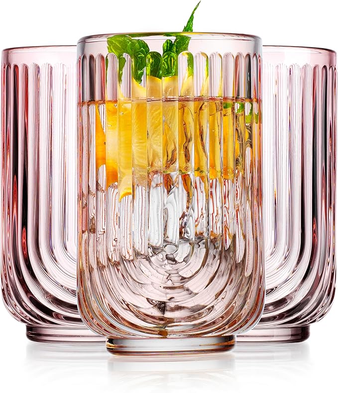 Glaver's Vintage Glassware Art Deco Glasses Ribbed Drinking Glasses U-Shape Arch Design Colored Cocktail Kitchen Tumblers Everyday Dinner Decorative Party Hand-Wash Only (Pink S/4 17oz) by Glavers