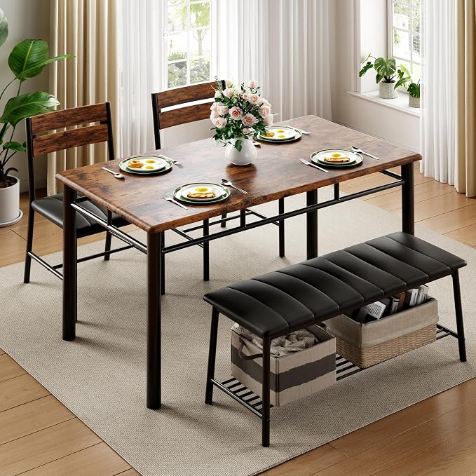 IRONCK Dining Table Set for 4, Kitchen Table and Chairs Set, Rustic Brown | Kitchen Table with Upholstered Bench and 2 Chairs for Small Space, Apartment - Image 3