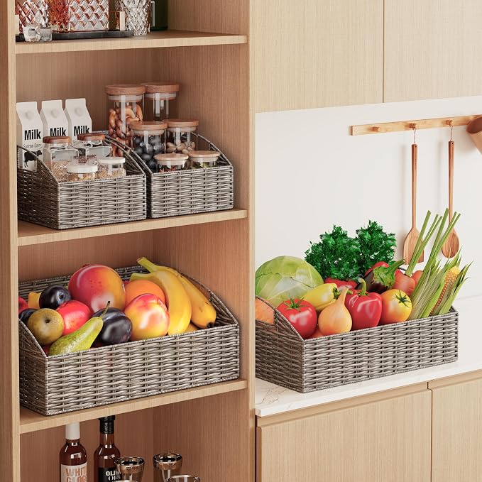 Pantry Baskets Organization, Wicker Storage Bin Shelf Grey | Handwoven Pantry Organizers and Storage with Built-in Handles, Laundryroom Organization Storage Bins for Snack Cans - Image 2