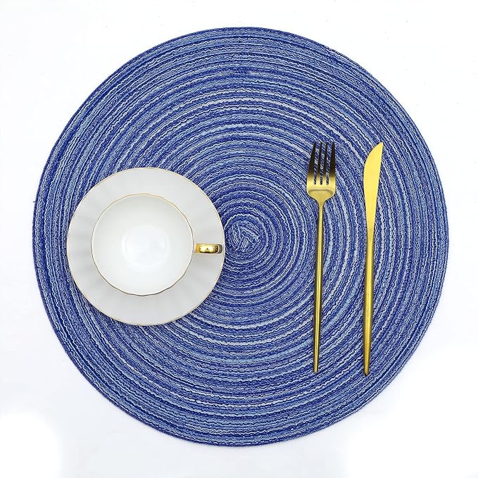 SHACOS Round Braided Placemats 15 inch Set of 4 Washable Cotton Polyester Braided Kitchen Table Placemats for Home Wedding Party (Blue White, 4) - Image 2