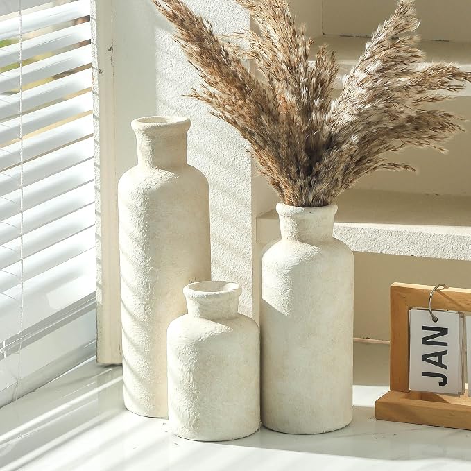 Ceramic Vases Set of 3, Whitewashed Neutral Flower Vases Home Decor, Pottery Rustic Farmhouse Decorative Vases Modern Decor for Table Mantel Entryway Bookshelf Living Room Kitchen Bedroom - Image 7