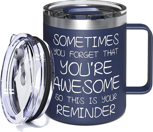 Inspirational Coffee Mug for Men, 12oz Insulated Stainless Steel Mug with Handle & 2 Lids – Sometimes You Forget You’re Awesome, Birthday & Appreciation Gift for Dad, Husband, Him, Navy Blue by avodvo