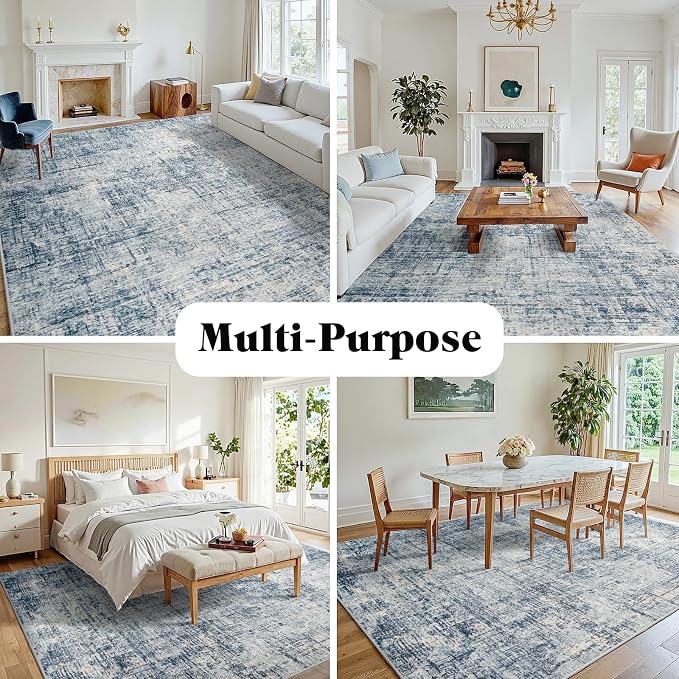 9x12 Washable Area Rug for Living Room Bedroom: Non-Slip Modern Blue Gold | Machine Washable TPR Backing, Stain-Resistant Low Pile, Pet & Kid Friendly, Abstract Decor for Dining Room, Dorm, Home Office - Image 3