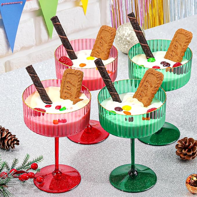 12 PCS Plastic Martini Glasses 10 oz Detachable Gold Rim Green Ribbed Coupe Glasses Vintage Christmas Martini Cocktail Glass for Bar,Margarita,Gin,Tequila, Desserts and Snacks - Image 8
