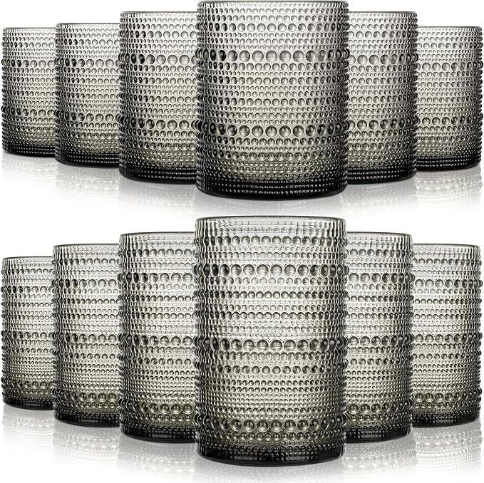 KMIGRUAN Hobnail Drinking Glasses Set of 12, 15Oz & 12Oz Cocktail Glasses | Grey Vintage Highball Glasses, Embossed Beaded Water Tumbler for Juice and Various Mixed Drinks, Kitchen Drinking Glasses by KMIGRUAN