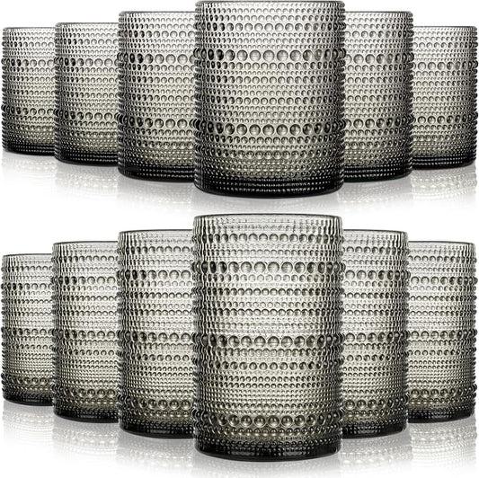 KMIGRUAN Hobnail Drinking Glasses Set of 12, 15Oz & 12Oz Cocktail Glasses | Grey Vintage Highball Glasses, Embossed Beaded Water Tumbler for Juice and Various Mixed Drinks, Kitchen Drinking Glasses by KMIGRUAN