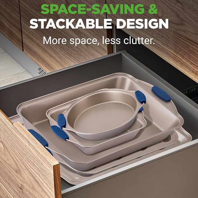 NutriChef 8-Piece Nonstick Bakeware Set - Heavy Duty Carbon Steel Baking Pans w/ Blue Silicone Handles - Pizza Crisper, Muffin & Loaf Pan, Round & Square Pans, Cookie Sheet - Champagne Gold - Image 3