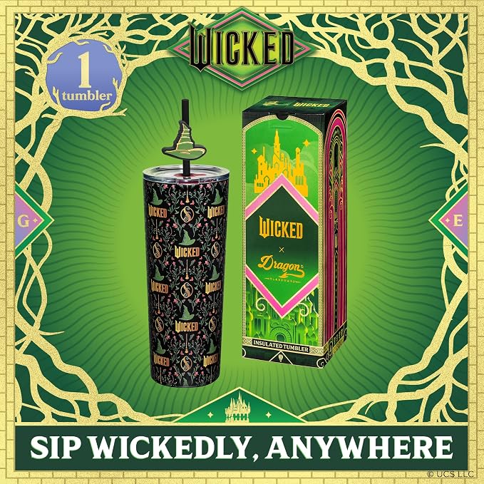 Dragon Glassware x Wicked Stainless Steel Tumbler, 24 oz - Enchanted | Vacuum Insulated Wicked Cup with Lid & Straw For Water & Iced Tea; With Straw Charm; Official Wicked Merch - Image 2