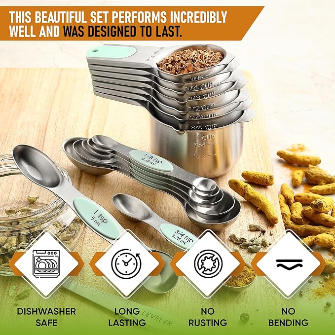 Spring Chef Magnetic Measuring Cups & Spoons Set of 15, Patented, Mint | Stackable Stainless Steel Measuring Cups & Heavy Duty Metal Measuring Spoons with Levelers for Dry & Liquid Ingredients - Image 2
