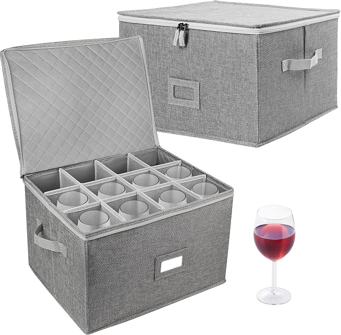 LotFancy Stemware Storage Container for Moving, Hard Shell, 2 Pack, Stackable Wine Glass Storage Box with Dividers & Handles, Crystal Glassware, Champagne Flute, Drinkware Case, Gray by LotFancy
