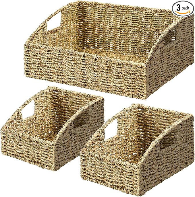Pantry Baskets Organization, Wicker Storage Basket Green | Handwoven Pantry Organizers and Storage with Built-in Handles, Laundryroom Organization Storage Bins for Snack Cans by Ollieroo