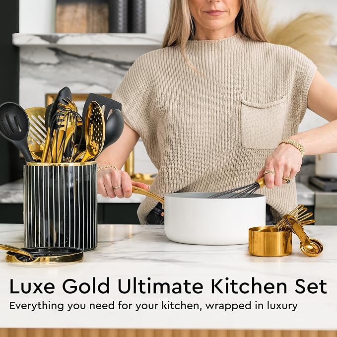 Black and Gold Kitchen Utensils Set - 19-PC Set Includes Stainless Steel and Silicone Cooking Utensils, Measuring Cups and Spoons - Black and Gold Kitchen Accessories for Stylish Cooking & Serving | Silicone Cooking Utensils, Measuring Cups and Spoons ... - Image 7