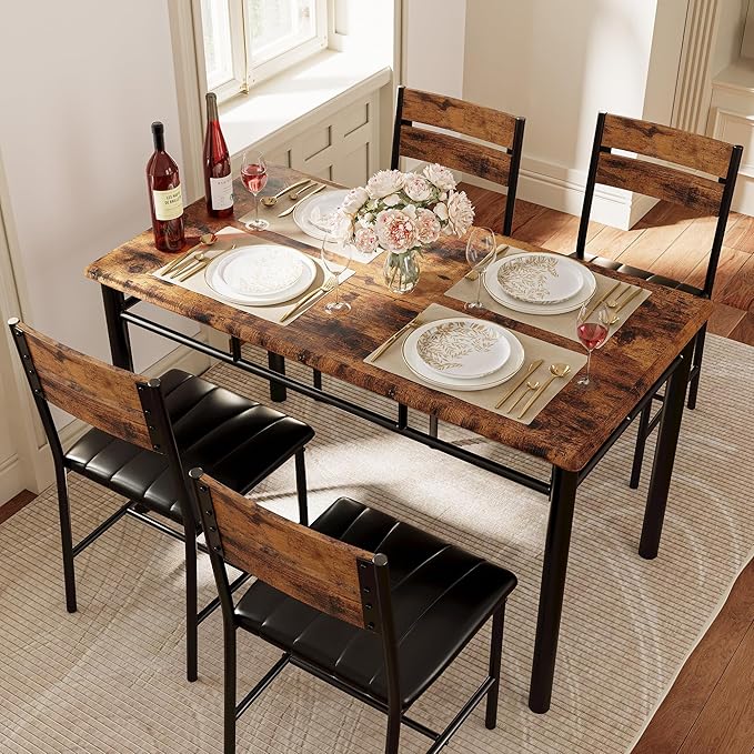 IRONCK Dining Table Set for 4, Rustic Brown | Wood Kitchen Table with Upholstered Chairs for Kitchen Room and Small Spaces - Image 3