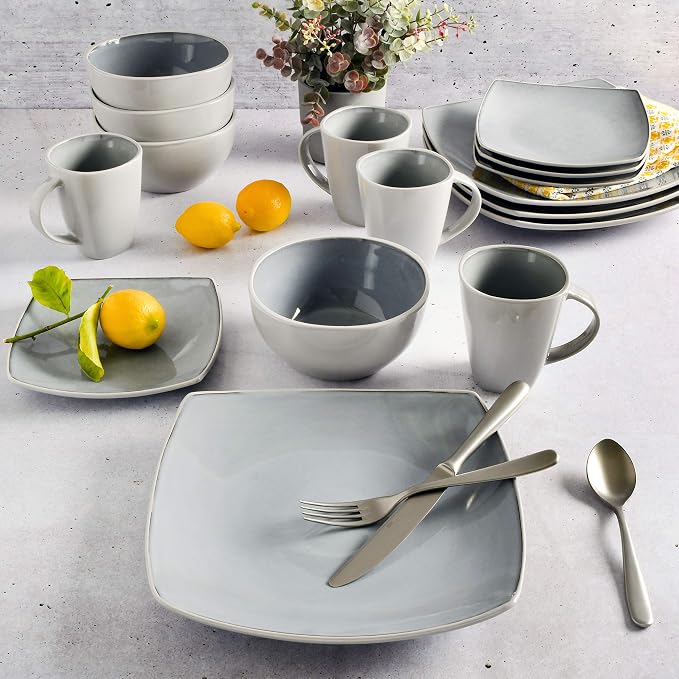Gibson Elite Soho Lounge Square Reactive Glaze Stoneware Dinnerware Set, Service for 4 (16pc), Light Gray - Image 7