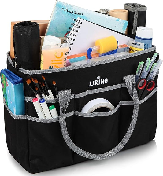 JJRING Large Multi-Functional Carrying Bag, 600D Nylon Artist Tote Bag with 16 Pockets Caddy for Art, Craft, Sewing, Make-up or School, Medical, Office Supplies Organizer, Silver