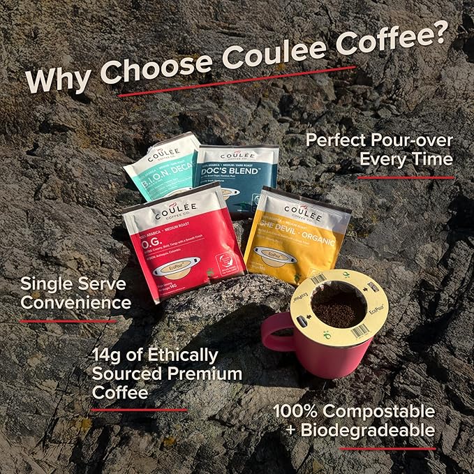 Coulée EcoPour Coffee Variety Pack, Single Serve Pour Over Coffee, Use for Camping or Traveling, Pre Filled Compostable Filters, Ready to Brew with Hot Water, Includes 4 Flavors, 20 Pack