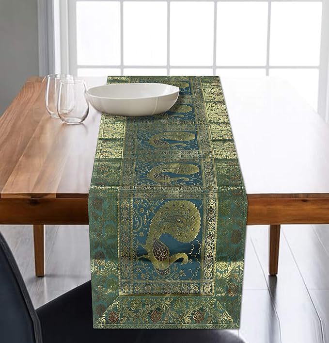 Peacock Design Silk Table Runner 60 x 16 Inch, Green and Gold Decorative Table Cloth, Vintage Floral Dining Table Runner for Kitchen, Coffee Table and Home Decor - Image 7