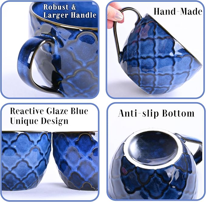 24 oz Large Coffee Mug, Ceramic Coffee Mugs with Handles, Set of 2, Blue | Coffee Mug for Hot Chocolate, Cappuccino, Soup, Oatmeal, Ramen, Microwave & Dishwasher Safe, Coffee Cups Large Soup Bowl - Image 6