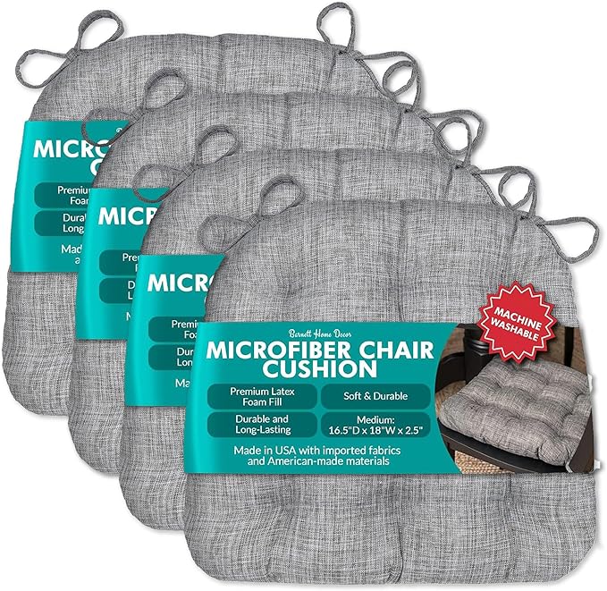 Barnett Home Decor Hayden Dining Chair Cushions with Ties, 16.5 x 18 Inches, Pack of 4 – Machine Washable, Made in USA, Reversible with Plush Latex Foam Fill for Comfortable Seating – Grey (Gray) by BarnettHomeDecor