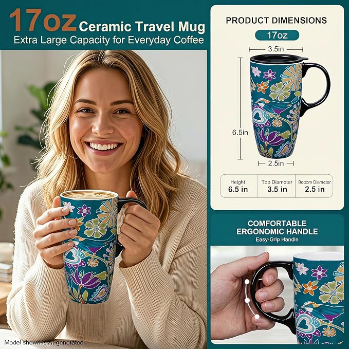 Topadorn 17oz Ceramic Travel Mug with Lid, Floral Coffee Mug, Folk Art Bird | Colorful Ceramic Coffee Mug With Handle, Splash-Resistant Lid, Microwave And Dishwasher Safe, Matching Gift Box Included - Image 6