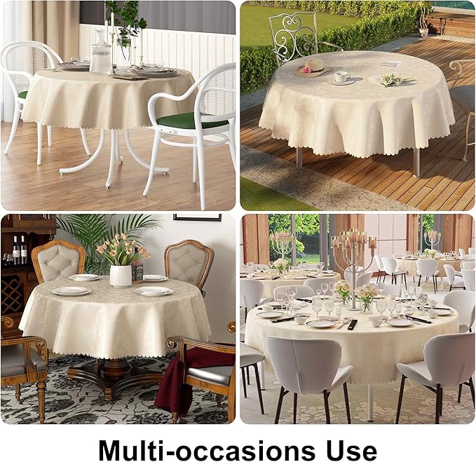 Smiry Round Waterproof Heavy Duty Vinyl Tablecloths, 60 x 60 Inch | Wipeable Washable Floral Embossed Table Cover for Kitchen and Dining Room, Indoor & Outdoor Use, Beige - Image 5