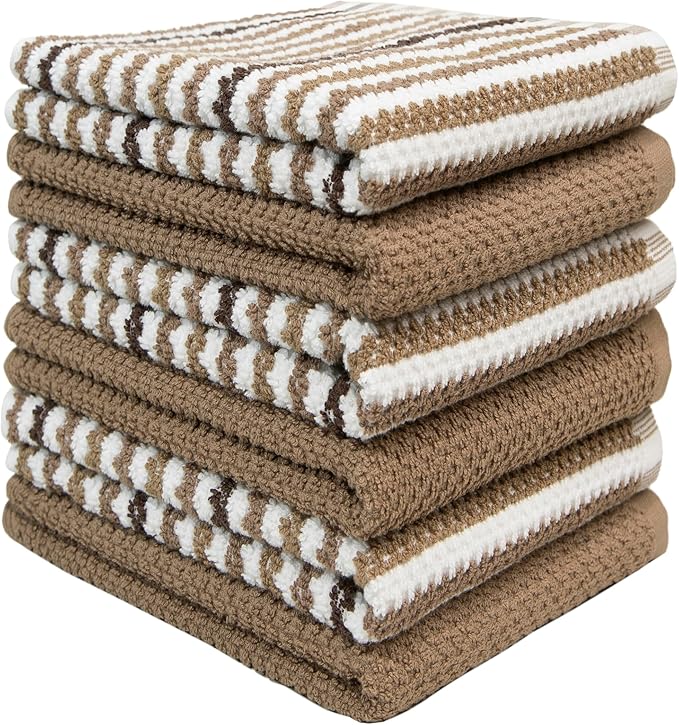 Bumble Kitchen Towels 6 Pack 100% Cotton 16"x26" - Tan Wide Stripe | 430 GSM Soft Kitchen Hand Towels with Hanging Loop, Highly Absorbent & Durable for Washing and Drying Dishes - Image 4