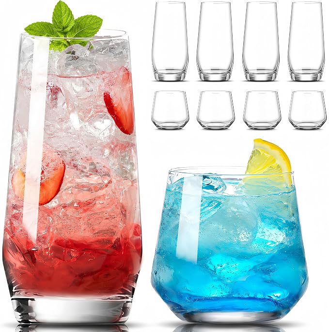 Mfacoy Drinking Glasses Set of 8-4 Tall Glass Cups 18 oz & 4 Short Stemless Wine Glasses 13 oz, Highball Glasses, Glassware Sets for Cocktail, Beer, Wine, Whiskey, Water & Juice Drinkware by Mfacoyisalifestylebrand
