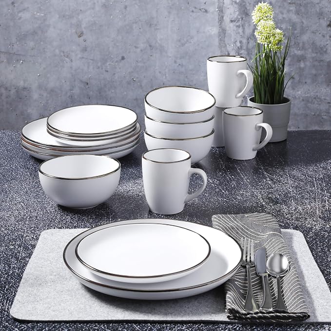 Gibson Home Rockaway Round Stoneware Dinnerware Set, Service for 4 (16pcs), Matte White/Metallic Rim - Image 5
