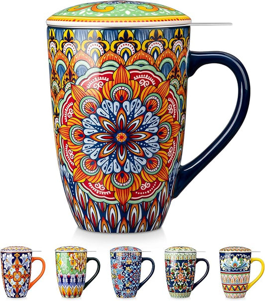 vancasso Ceramic Tea Mug with Infuser and Lid, 18 Ounce Bohemian Loose Leaf Cup, Microwave & Dishwasher Safe, Perfect for Tea, Coffee, Burnt-Cobalt Mandala by vancasso