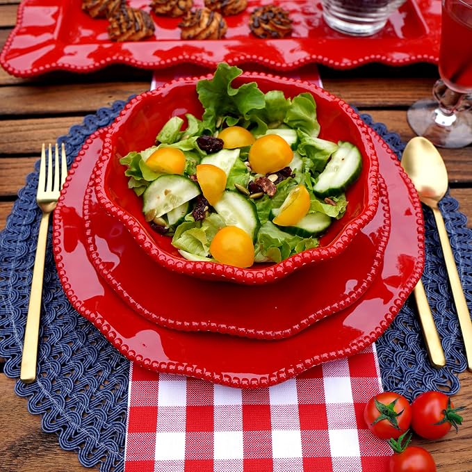 Perlette Red Melamine Dinnerware Set – 12-Piece Scalloped Plates & Bowls, Vibrant Glossy Finish, Elegant Beaded Rim, Durable & Lightweight – Service for 4, Indoor/Outdoor Use - Image 7