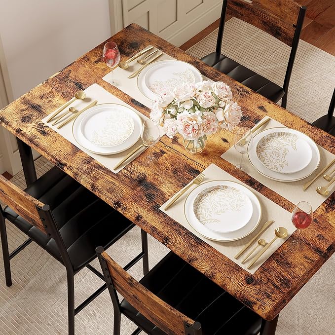 IRONCK Dining Table Set for 4, Rustic Brown | Wood Kitchen Table with Upholstered Chairs for Kitchen Room and Small Spaces - Image 5