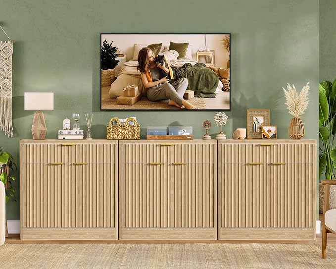 63" Fluted Buffet Sideboard Cabinet with Storage, Buffet Table Coffee Bar Wine Bar Storage Cabinet with Adjustable Shelf for Living Room, Kitchen, Natural - Image 4