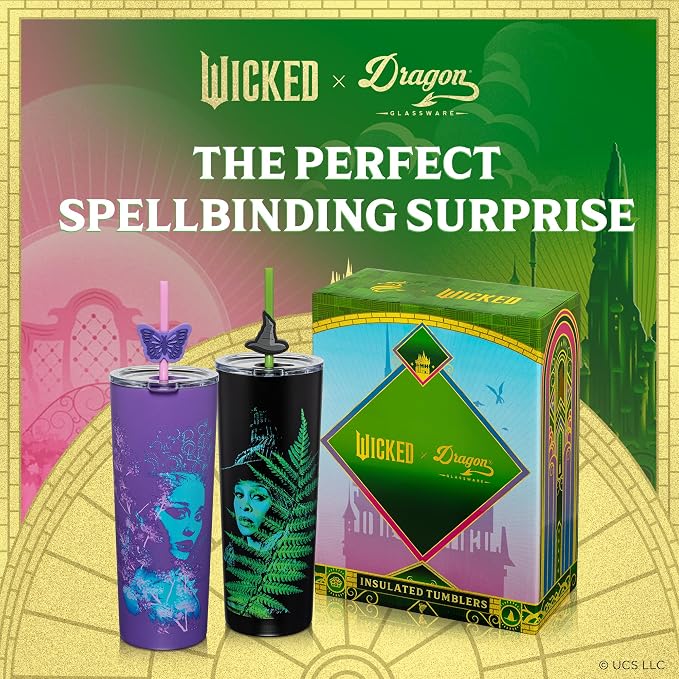 Dragon Glassware x Wicked: For Good Stainless Steel Tumbler, 24 oz 2-Pack | Set of 2 Vacuum Insulated Stainless Steel Wicked Cups with Lids & Straws; With Straw Charm; Official Wicked Merch - Image 7