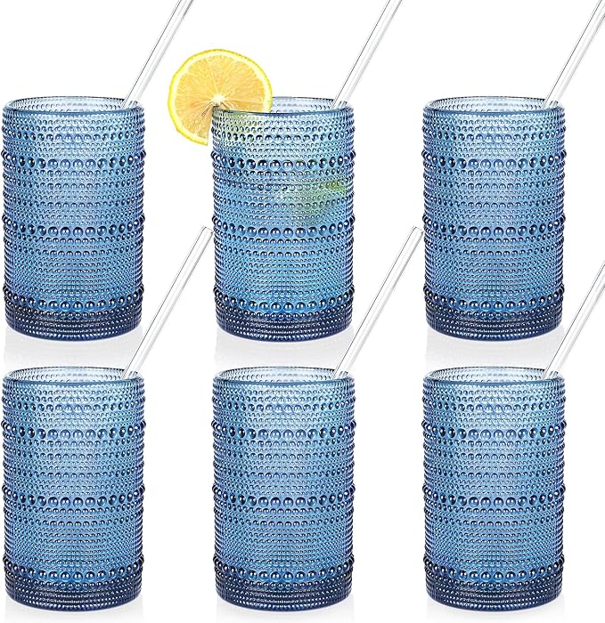 KMIGRUAN Large Hobnail Drinking Glasses Set of 6, 15oz Blue Vintage Glassware, Embossed Glass Cups, Water Tumbler, Highball Glasses For Beer, Juice And Various Mixed Drinks by KMIGRUAN