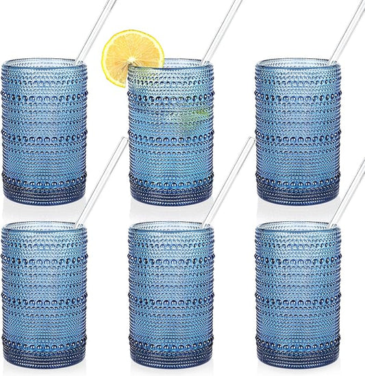 KMIGRUAN Large Hobnail Drinking Glasses Set of 6, 15oz Blue Vintage Glassware, Embossed Glass Cups, Water Tumbler, Highball Glasses For Beer, Juice And Various Mixed Drinks by KMIGRUAN