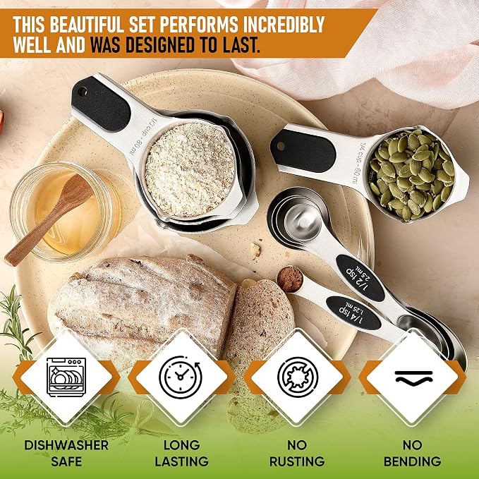 Spring Chef Magnetic Measuring Cups & Spoons Set of 9, Patented, Black | Stackable Stainless Steel Measuring Cups & Heavy Duty Metal Measuring Spoons with Levelers for Dry & Liquid Ingredients - Image 3
