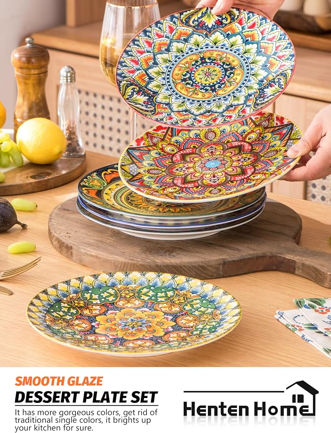 Henten Home Ceramic Dessert Plates Set of 6, 8.5 Inch Porcelain Salad Plate, Colorful Bohemian Style Serving Dishes for Cake, Snack, Appetizer, Decorations, Dishwasher & Microwave Safe - Image 5