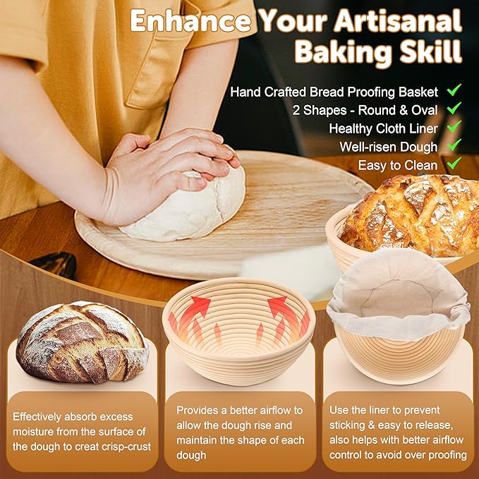 TeamFar Sourdough Bread Baking Supplies, 9” Round & 10” Oval Bread Proofing Basket Set with Liner, Sourdough Starter Kit for Bread Making, Bread Lame/Whisk/Dough Scraper/Basting Brush