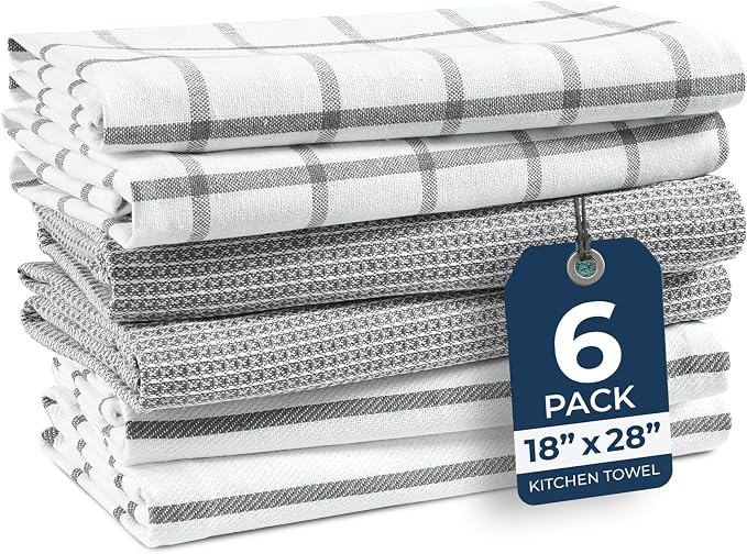 LANE LINEN Cotton Kitchen Towels and Dish Cloths Set, 6-Pack – Absorbent, Quick-Drying Dish Towel, 18" x 28", Soft, Premium Hand and Tea Towels - Grey by LaneLinen