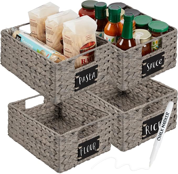Best Choice Products Set of 4 9x12in Water Hyacinth Pantry Baskets, Woven Organizers w/Chalkboard Label, Chalk Marker - Gray by Unknown