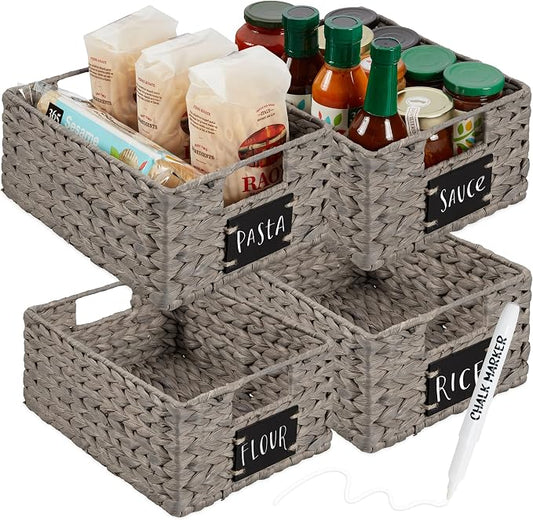 Best Choice Products Set of 4 9x12in Water Hyacinth Pantry Baskets, Woven Organizers w/Chalkboard Label, Chalk Marker - Gray by Unknown