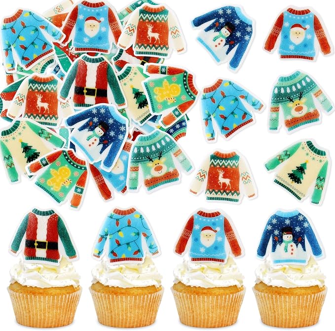 40PCS Edible Ugly Sweater Cupcake Toppers Wafer Paper Christmas Cupcake Toppers Picks Merry Christmas Theme Holiday Baby Shower Birthday Party Cake Decorations Supplies by Cyodoos