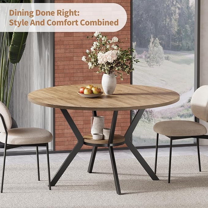 MECHYIN 42 Inch Round Dining Table for 2–4, Farmhouse Round Kitchen Table with Storage Shelf, Pedestal Dining Table, Wood Top & Metal Base, Small Space Table for Apartment, Dining Room - Image 8