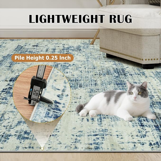6x9 Washable Area Rug for Living Room Bedroom: Non-Slip Modern Blue Gray | Machine Washable TPR Backing, Stain-Resistant Low Pile, Pet & Kid Friendly, Abstract Decor for Dining Room, Dorm, Home Office - Image 6