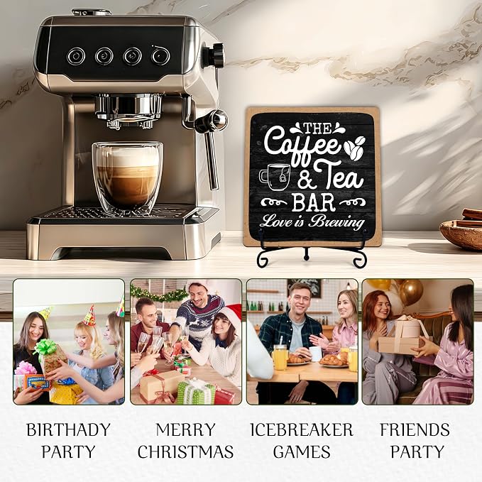 Coffee Bar Sign, Love is Brewing Farmhouse Tabletop Decor, Coffee and Tea Lover Gifts, 5x5 Wood Plaque with Iron Stand for Home Kitchen Cafe, Coffee Bar Decor – L04 - Image 5