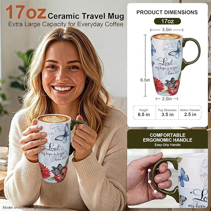 Topadorn 17oz Ceramic Travel Mug with Lid, Christian Butterfly Coffee Mug | Large Coffee Mug with Handle, Psalm 39:7 Floral Design, Microwave & Dishwasher Safe, Gift Box Included - Image 2