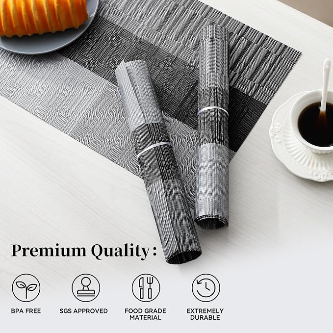 Leetaltree Grey with White Striped Placemats Set of 6 - Heat Resistant Non-Slip Place mats for Dining Table, Washable Durable PVC Vinyl Woven Table Mats（Grey Stripe, 6） - Image 2