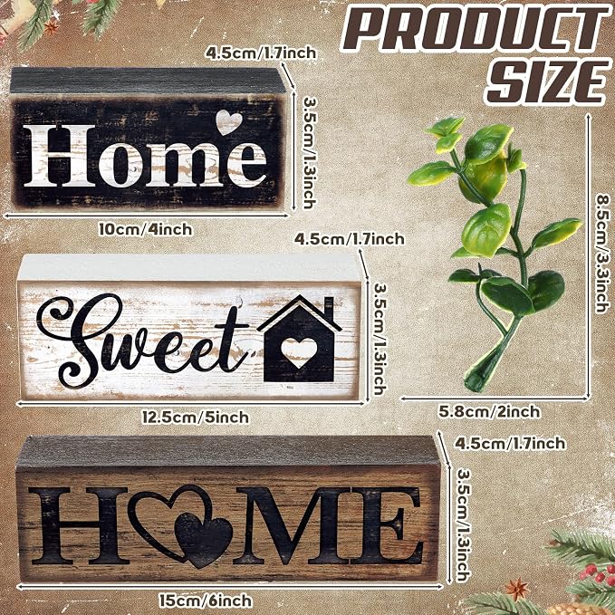 Moucuny 4 Pcs Farmhouse Wooden Tabletop Decor Farmhouse Tiered Tray Decor Rustic Eucalyptus Leaves Wood Block Sign Gift Sweet Home Centerpiece Home Table Decortion - Image 2